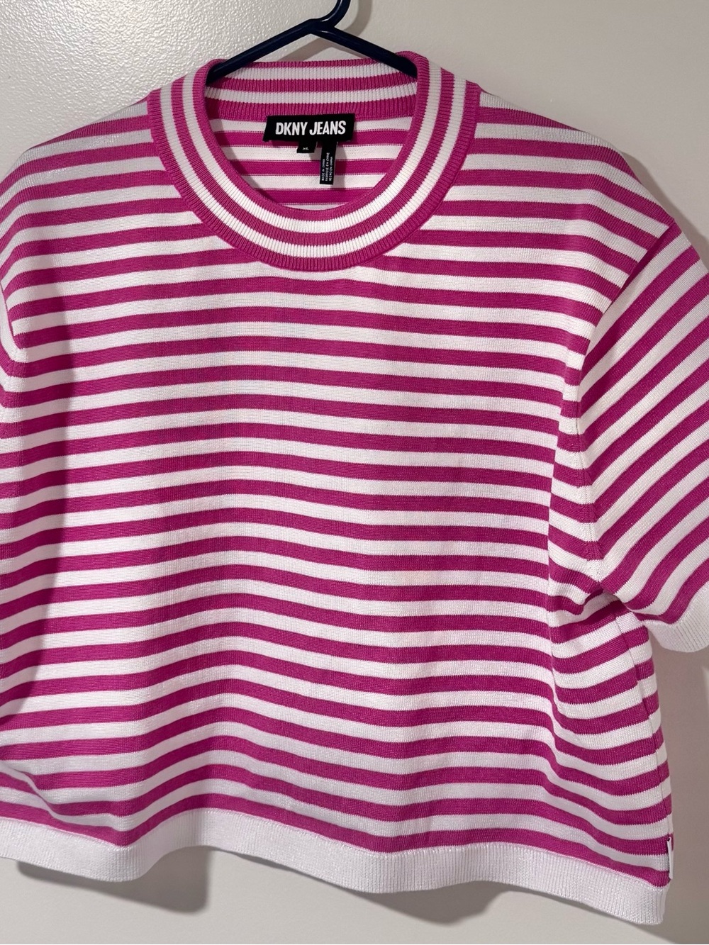 Dkny Fuchsia and White Striped Cropped Knit Tee